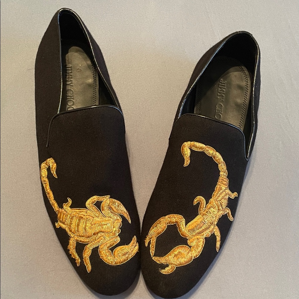 Jimmy Choo Black Loafers with Gold Scorpion Design